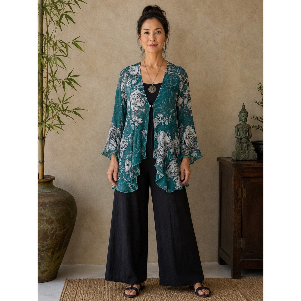 Citron Art to Wear Sheer Floral Asian Silk Open Waterfall Cardigan Turquoise S
